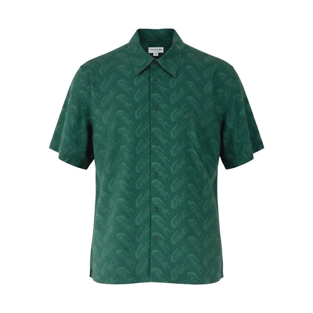 Lacoste Mens Relaxed Fit Script Logo Jacquard Short Sleeve Button Down Green L